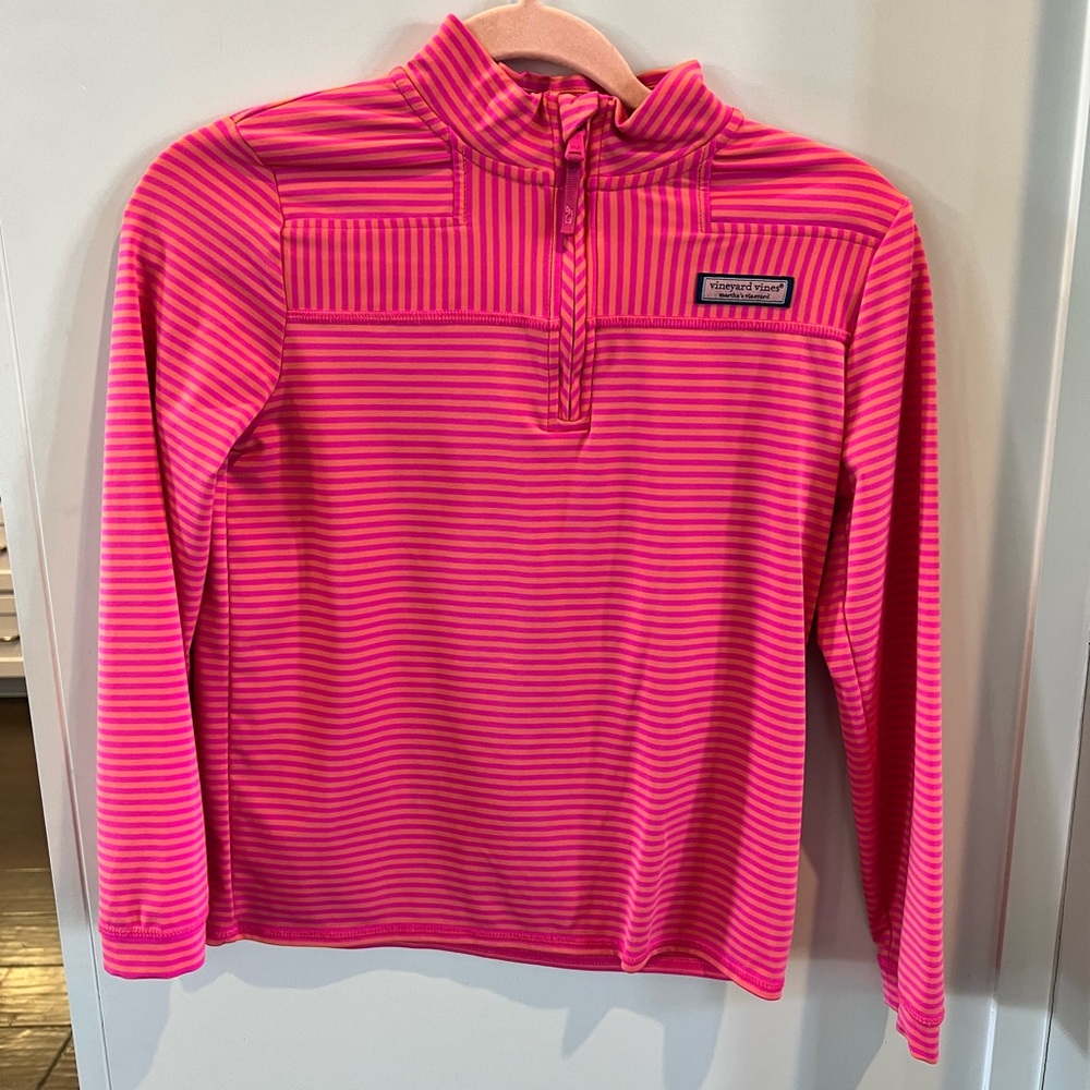 Vineyard Vines long sleeve pink and orange striped shirt.